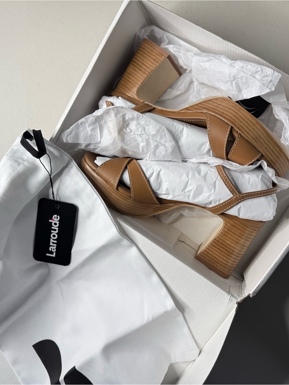 Larroude Caramel Crisscross Block Heel Sandals